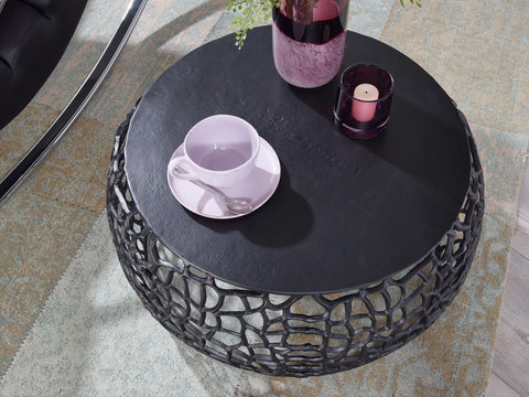 Rootz Couchtisch – Rundes Aluminiumdesign mit Aststruktur – Schwarzes Metall – 66 x 66 x 30 cm 