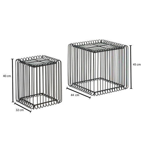 Rootz Satztische – Schwarzes Glas und Metall – Quadratisches Design – 2er-Set Moderner Wohnzimmer-Couchtisch 