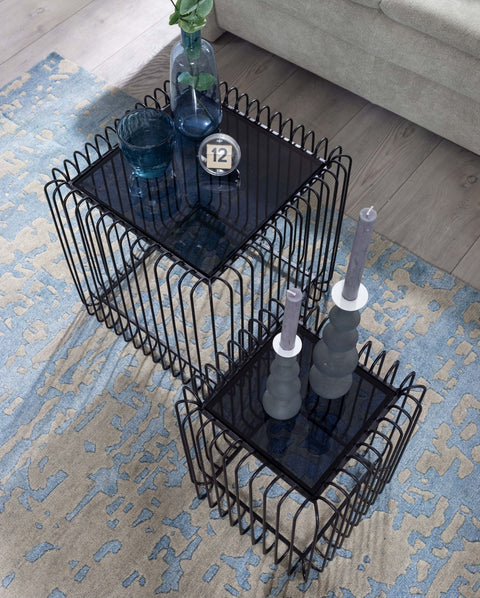 Rootz Satztische – Schwarzes Glas und Metall – Quadratisches Design – 2er-Set Moderner Wohnzimmer-Couchtisch 