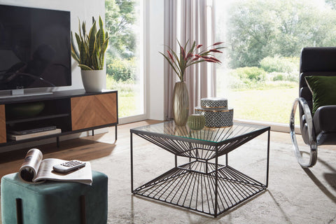 Rootz Quadratischer Couchtisch – Schwarz – Modernes Design – Kleiner Beistelltisch – Glas und Metall – 55 x 55 x 36 cm 