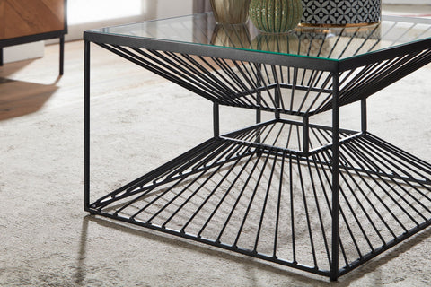 Rootz Quadratischer Couchtisch – Schwarz – Modernes Design – Kleiner Beistelltisch – Glas und Metall – 55 x 55 x 36 cm 