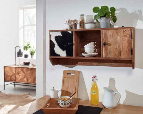 Rootz Wall Hanging Kitchen Shelf - Small Design with Doors - Floating Spice Rack - Solid Acacia Wood - 80x36x17 cm
