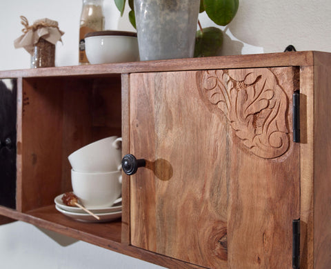 Rootz Wall Hanging Kitchen Shelf - Small Design with Doors - Floating Spice Rack - Solid Acacia Wood - 80x36x17 cm