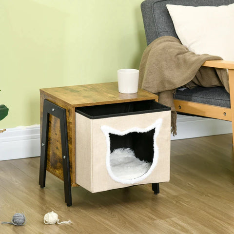 Rootz Industrial Design Cat Cave - Including Cushion - Cat House - Cat Bed - Washable Cushion - Brown + White - 41L x 34W x 43.5H cm