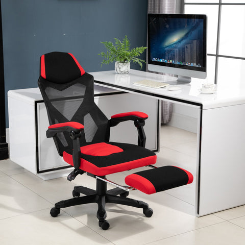Rootz Gaming Chair - Swivel Chair - Footrest - Mesh - Adjustable In Height - 58 x 72 x 108-118 cm - Black - Red