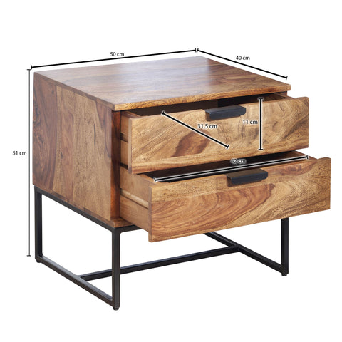 Rootz Industrial Design Bedside Table - 2 Drawers - Storage Space - Solid Sheesham Wood & Metal - 50x40x51 cm