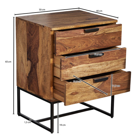 Rootz Industrial Bedside Table - Design with 3 Drawers - Storage Space for Box Spring Beds - Solid Sheesham Wood-Metal - 50x40x65cm