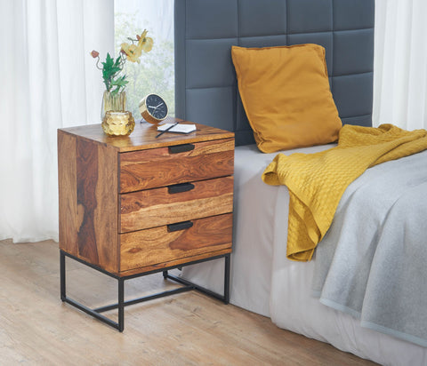 Rootz Industrial Bedside Table - Design with 3 Drawers - Storage Space for Box Spring Beds - Solid Sheesham Wood-Metal - 50x40x65cm