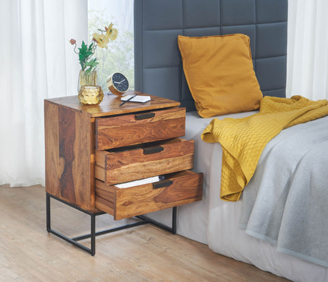 Rootz Industrial Bedside Table - Design with 3 Drawers - Storage Space for Box Spring Beds - Solid Sheesham Wood-Metal - 50x40x65cm
