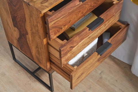 Rootz Industrial Bedside Table - Design with 3 Drawers - Storage Space for Box Spring Beds - Solid Sheesham Wood-Metal - 50x40x65cm