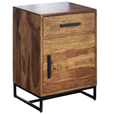 Rootz Industrial Bedside Table - Design with Drawer and Door - Storage Space for Box Spring Beds - Solid Sheesham Wood-Metal - 45x35x65cm