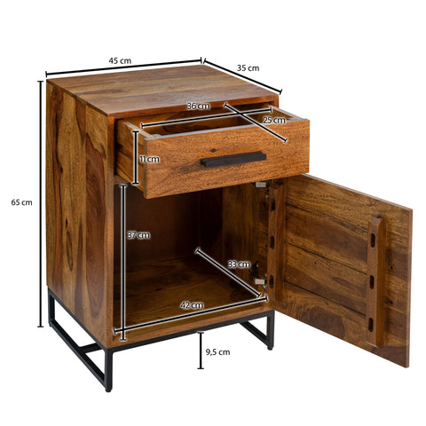 Rootz Industrial Bedside Table - Design with Drawer and Door - Storage Space for Box Spring Beds - Solid Sheesham Wood-Metal - 45x35x65cm