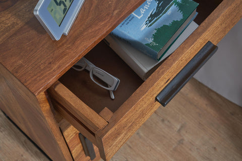 Rootz Industrial Bedside Table - Design with Drawer and Door - Storage Space for Box Spring Beds - Solid Sheesham Wood-Metal - 45x35x65cm