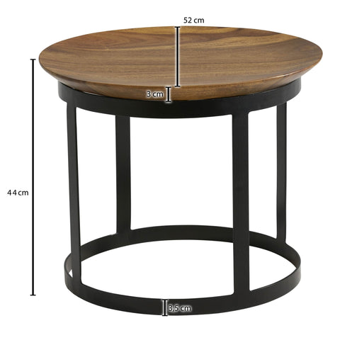 Rootz Industrial Side Table - Round Small Coffee Table - Modern Living Room Table - High Coffee Table - Solid Sheesham Wood-Metal - 52x52x44cm