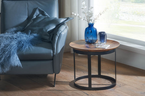 Rootz Industrial Side Table - Round Small Coffee Table - Modern Living Room Table - High Coffee Table - Solid Sheesham Wood-Metal - 52x52x44cm