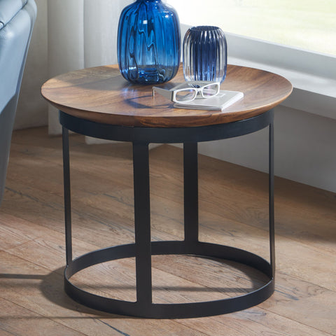 Rootz Industrial Side Table - Round Small Coffee Table - Modern Living Room Table - High Coffee Table - Solid Sheesham Wood-Metal - 52x52x44cm