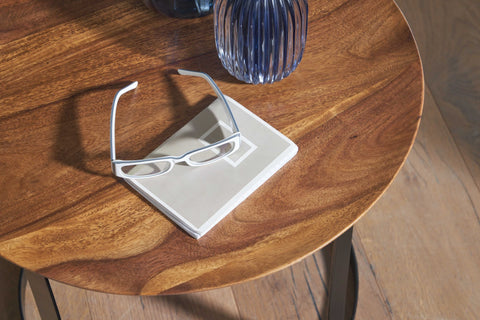 Rootz Industrial Side Table - Round Small Coffee Table - Modern Living Room Table - High Coffee Table - Solid Sheesham Wood-Metal - 52x52x44cm