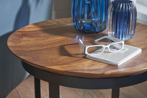 Rootz Industrial Side Table - Round Small Coffee Table - Modern Living Room Table - High Coffee Table - Solid Sheesham Wood-Metal - 52x52x44cm