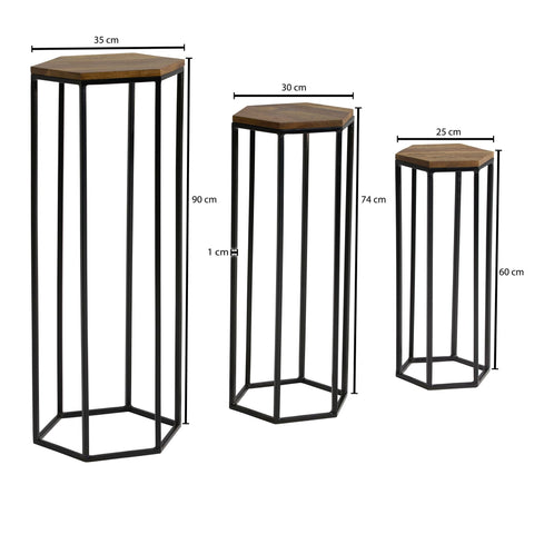Rootz Beistelltisch 3er-Set Sheesham Massivholz - Satztisch aus Metall sechseckig - Wohnzimmertisch Anbautisch Industrial - 3-teiliger Couchtisch Wohnzimmer - Holztisch Blumenhocker 