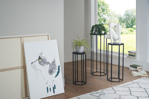 Rootz Beistelltisch 3er Set Mango Massivholz - Satztisch aus Metall sechseckig - Wohnzimmertisch Anbautisch Industrial Black - 3-teiliger Couchtisch Wohnzimmer - Holztisch Blumenhocker 