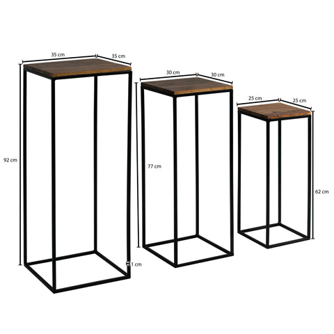 Rootz Beistelltisch 3er-Set Sheesham Massivholz – Satztisch aus Metall quadratisch – Wohnzimmertisch Anbautisch Industrial – 3-teiliger Couchtisch Wohnzimmer – Holztisch Blumenhocker 