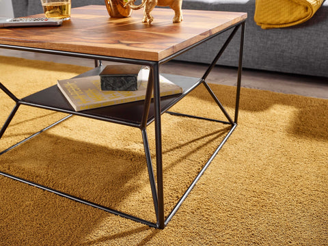Rootz coffee table 60x60x40 cm solid sheesham wood - metal living room table - Industrial coffee table with storage - Lounge table with storage compartment - Coffee table side table Square