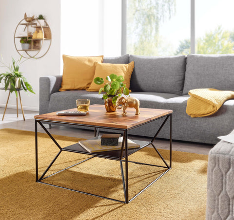 Rootz coffee table 60x60x40 cm solid sheesham wood - metal living room table - Industrial coffee table with storage - Lounge table with storage compartment - Coffee table side table Square