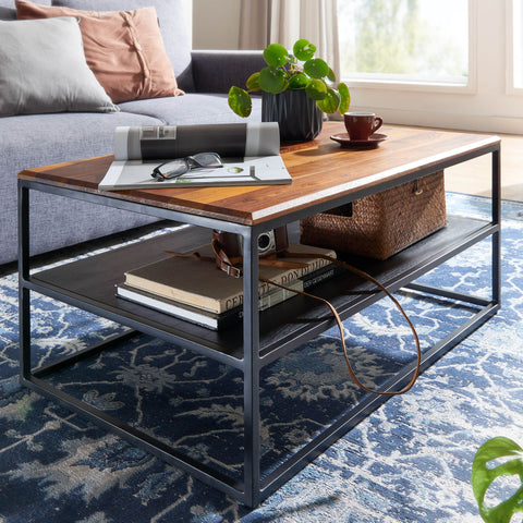 Rootz coffee table 85x55x40 cm solid sheesham wood - metal living room table - Industrial coffee table with storage - Lounge table with storage compartment - Coffee table side table Rectangular