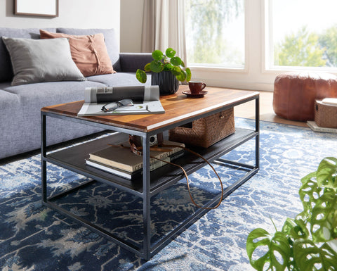 Rootz coffee table 85x55x40 cm solid sheesham wood - metal living room table - Industrial coffee table with storage - Lounge table with storage compartment - Coffee table side table Rectangular