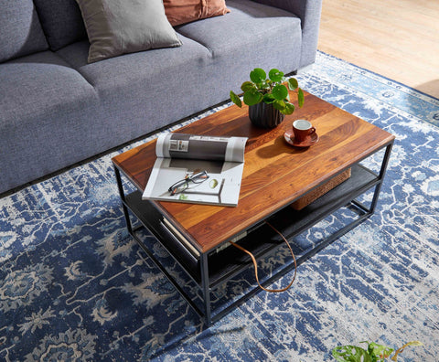 Rootz coffee table 85x55x40 cm solid sheesham wood - metal living room table - Industrial coffee table with storage - Lounge table with storage compartment - Coffee table side table Rectangular
