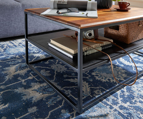 Rootz coffee table 85x55x40 cm solid sheesham wood - metal living room table - Industrial coffee table with storage - Lounge table with storage compartment - Coffee table side table Rectangular