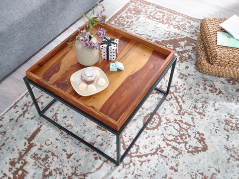 Rootz coffee table 60x60x40 cm solid sheesham wood - metal coffee table modern - Tray table- living room table- coffee table- solid - Small table removable tray - Square side table