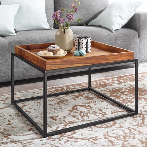 Rootz coffee table 60x60x40 cm solid sheesham wood - metal coffee table modern - Tray table- living room table- coffee table- solid - Small table removable tray - Square side table