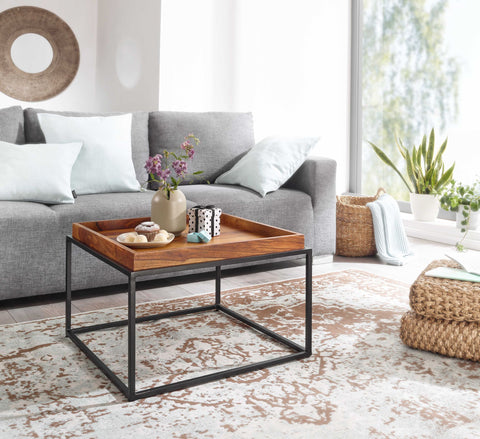 Rootz coffee table 60x60x40 cm solid sheesham wood - metal coffee table modern - Tray table- living room table- coffee table- solid - Small table removable tray - Square side table