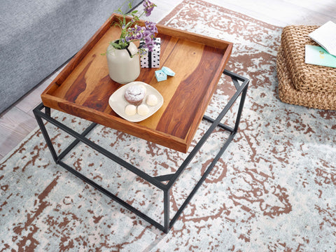 Rootz coffee table 60x60x40 cm solid sheesham wood - metal coffee table modern - Tray table- living room table- coffee table- solid - Small table removable tray - Square side table