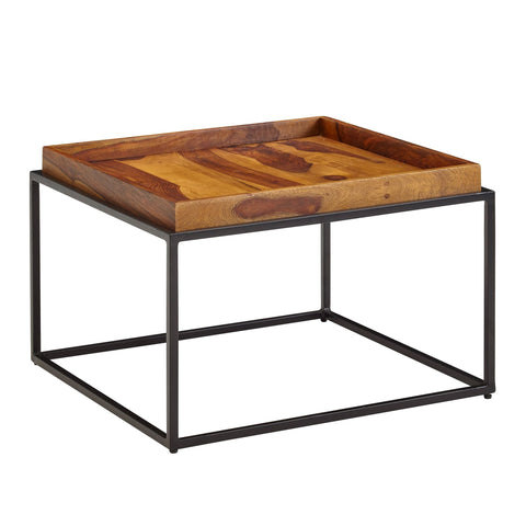 Rootz coffee table 60x60x40 cm solid sheesham wood - metal coffee table modern - Tray table- living room table- coffee table- solid - Small table removable tray - Square side table