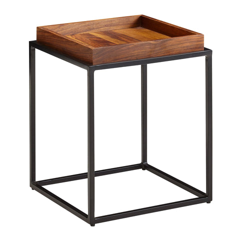 Rootz side table 40x40x50 cm solid sheesham wood - metal sofa table modern - Tray table- living room table- coffee table- solid - Small table removable tray - Square coffee table