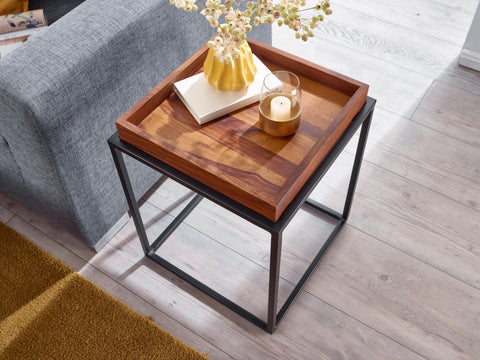 Rootz side table 40x40x50 cm solid sheesham wood - metal sofa table modern - Tray table- living room table- coffee table- solid - Small table removable tray - Square coffee table