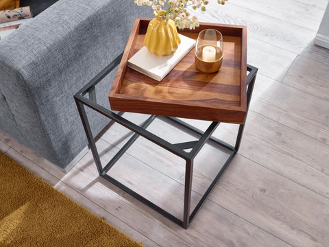 Rootz side table 40x40x50 cm solid sheesham wood - metal sofa table modern - Tray table- living room table- coffee table- solid - Small table removable tray - Square coffee table