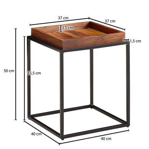 Rootz side table 40x40x50 cm solid sheesham wood - metal sofa table modern - Tray table- living room table- coffee table- solid - Small table removable tray - Square coffee table
