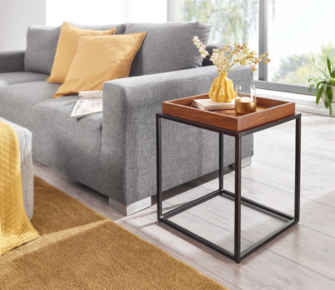 Rootz side table 40x40x50 cm solid sheesham wood - metal sofa table modern - Tray table- living room table- coffee table- solid - Small table removable tray - Square coffee table