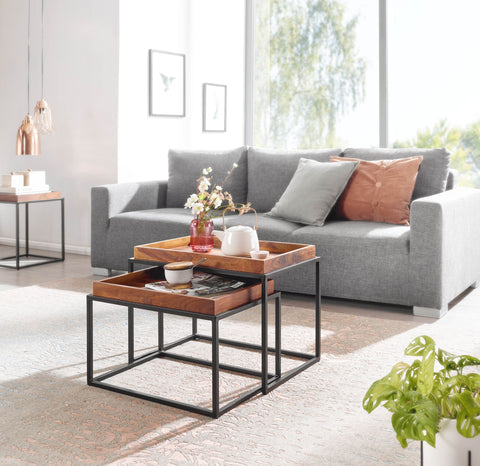 Rootz Couchtisch 2er-Set Sheesham-Massivholz – Satztisch aus Metall rechteckig – Industrie-Couchtisch mit abnehmbarem Tablett – Tabletttisch Sofa 2-teilig modern – Eckiger Beistelltisch 