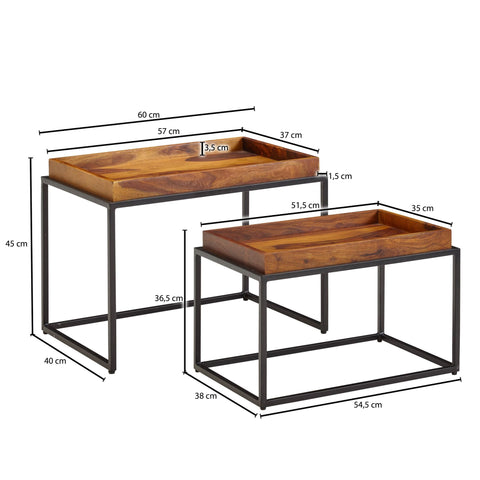 Rootz Couchtisch 2er-Set Sheesham-Massivholz – Satztisch aus Metall rechteckig – Industrie-Couchtisch mit abnehmbarem Tablett – Tabletttisch Sofa 2-teilig modern – Eckiger Beistelltisch 