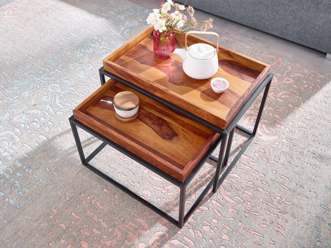 Rootz Couchtisch 2er-Set Sheesham-Massivholz – Satztisch aus Metall rechteckig – Industrie-Couchtisch mit abnehmbarem Tablett – Tabletttisch Sofa 2-teilig modern – Eckiger Beistelltisch 