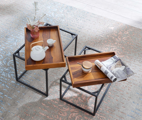 Rootz Couchtisch 2er-Set Sheesham-Massivholz – Satztisch aus Metall rechteckig – Industrie-Couchtisch mit abnehmbarem Tablett – Tabletttisch Sofa 2-teilig modern – Eckiger Beistelltisch 