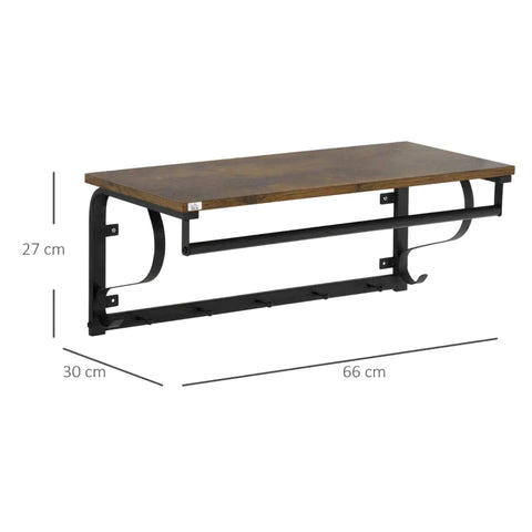 Rootz Wall Shelf - Floating Wall Shelf - Industrial-Style Floating Wall Shelf - With Hooks - Steel/Wood - Brown/Black - 66 x 30 x 27 cm