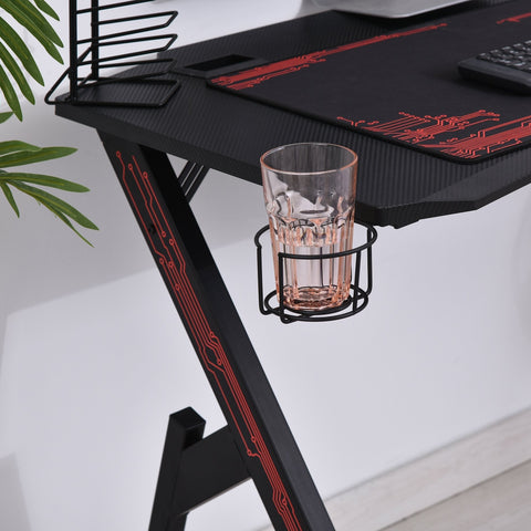Rootz Dermopolis Desk - Gaming Desk - Game - Cup Holder - Anti-Slip Headphone Holder - Controller Holder - Cable Management - Black - Red - MDF