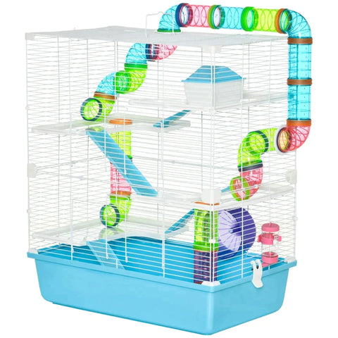 Rootz Small Animal Cage - Small Animal Hutch - Mouse Cage - With Ramp And Running Wheel - Pets Cage - Steel Wire/Plastic/PS - Light Blue/White - 59 x 36 x 69 cm