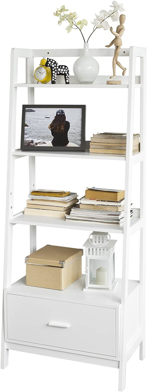 Rootz White Storage Display Shelving Ladder Shelf Bookcase with Drawer and 4 Shelves
