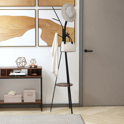 Rootz Kapstok - Scandi Design - Kledingrek - MDF Hout - Tassen Sjaals - 7 Kapstokhaken - Metalen Frame - Zwart + Bruin - 45L x 45W x 180H cm